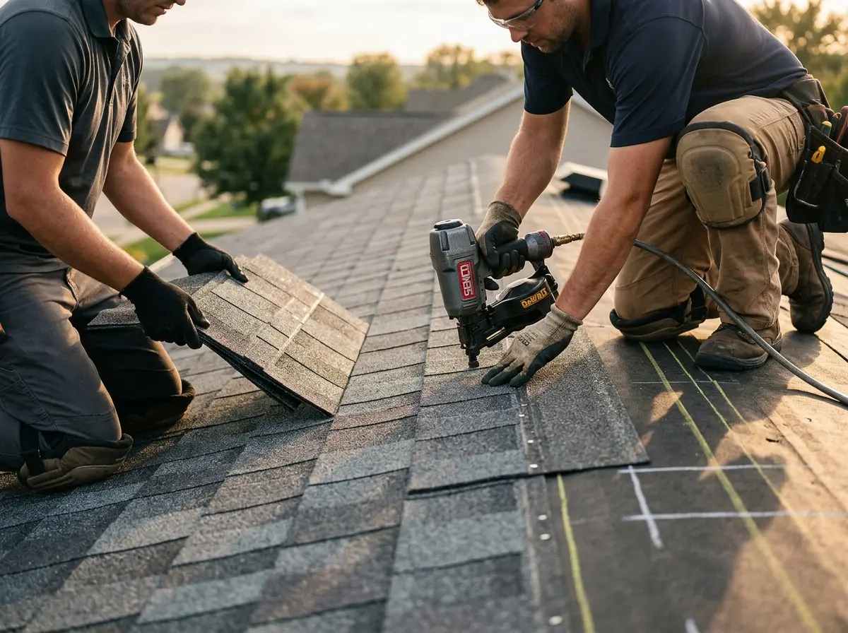 Professional roofer working on a residential roof in Lakemoor